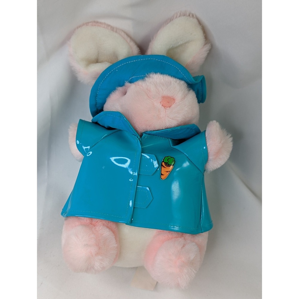 Pink Rabbit Plush 10 Inch Teal Vinyl Raincoat Main Joy Stuffed Animal Toy